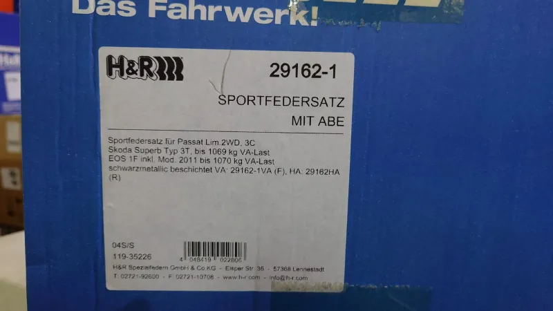 H&R 29162-1 Пружины с занижением VW Passat B6 / B7, Skoda Superb mk2