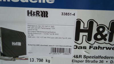 H&R Anti-Roll-Bars 33851-4 Стабилизаторы поперечной устойчивости для Skoda Octavia A7, VW Golf 7