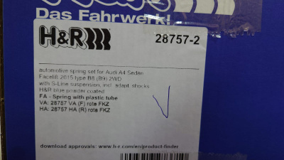 H&R 28757-2 Пружины с занижением AUDI A4 (B9)